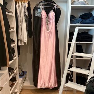 Pink Satin prom dress with Beaded Plunge